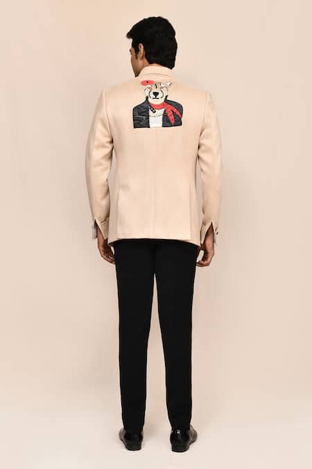 Shop_Aryavir Malhotra_Beige Suede, Rayon Embroidery Hand Work Jacket With Black Pant _at_Aza_Fashions