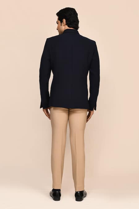 Shop_Aryavir Malhotra_Navy Rayon Embroidery Blue Hand Work Jacket And Pant Set _at_Aza_Fashions