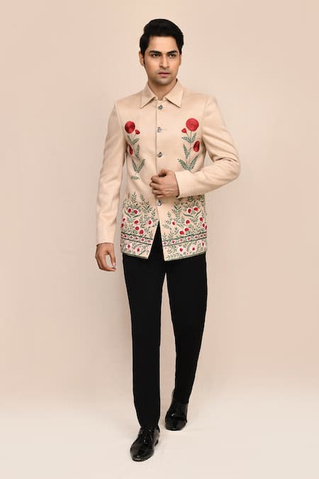 Aryavir Malhotra Beige Hand Work Shirt Jacket & Black Pant Set 