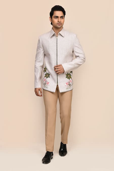 Aryavir Malhotra Light Grey Hand Work Jacket & Beige Pant Set 
