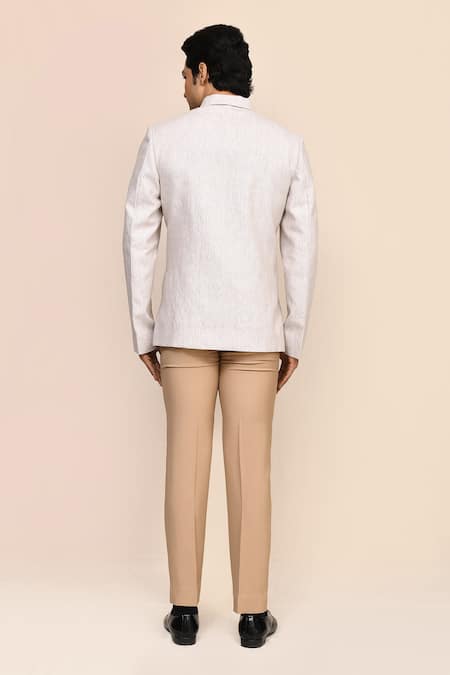 Shop_Aryavir Malhotra_Gray Linen, Silk Embroidery Light Grey Hand Work Jacket And Beige Pant Set _at_Aza_Fashions