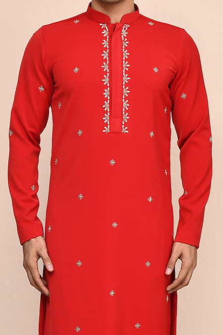 Shop_Arihant Rai Sinha_Red Embroidery Kurta And White Pant Set _Online_at_Aza_Fashions