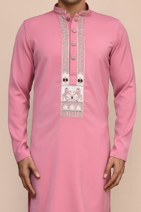 Shop_Arihant Rai Sinha_Pink Silk Embroidery Hand Work Kurta And White Pant Set _Online_at_Aza_Fashions