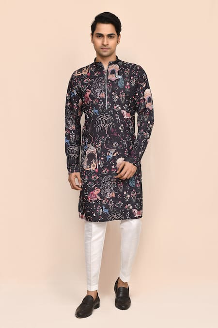 Aryavir Malhotra Floral Print Kurta & White Pant Set 