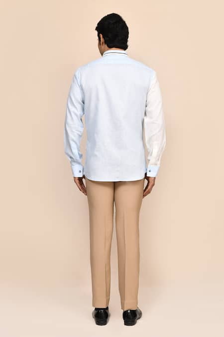 Aryavir Malhotra Embroidered White & Sky Linen Cotton Shirt 