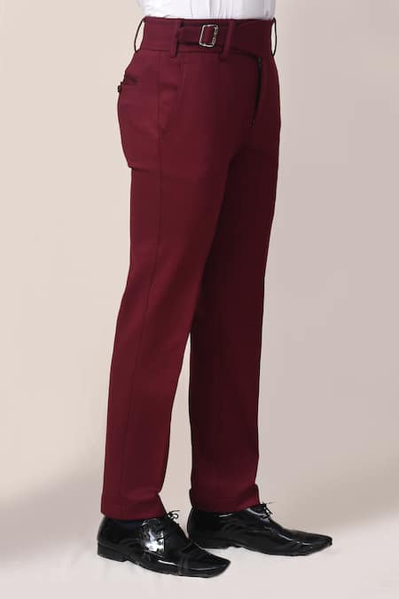 Buy_Aryavir Malhotra_Burgundy Lycra Red Korean Pant _Online_at_Aza_Fashions