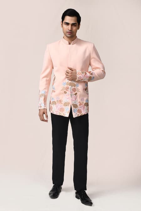 Aryavir Malhotra Peach Hand Embroidered Bandhgala Set 