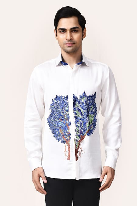 Aryavir Malhotra White Linen Satin Tree Hand Work Shirt 