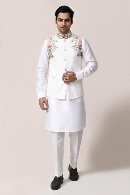 Aryavir Malhotra White Hand Embroidered Bundi Set 