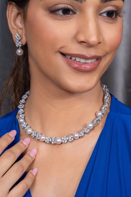 Ananta Jewels_Silver Plated Crystals, Pearls Floral Necklace Set _Online_at_Aza_Fashions