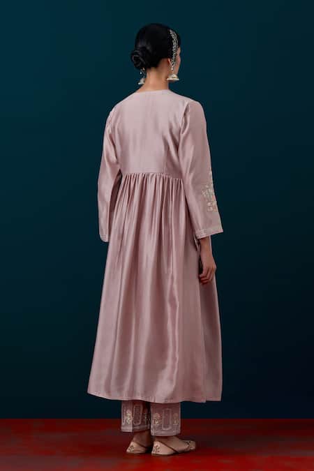 Shop_Anantaa By Roohi_Silk Chanderi Floral Embroidered Anarkali & Pant Set _at_Aza_Fashions