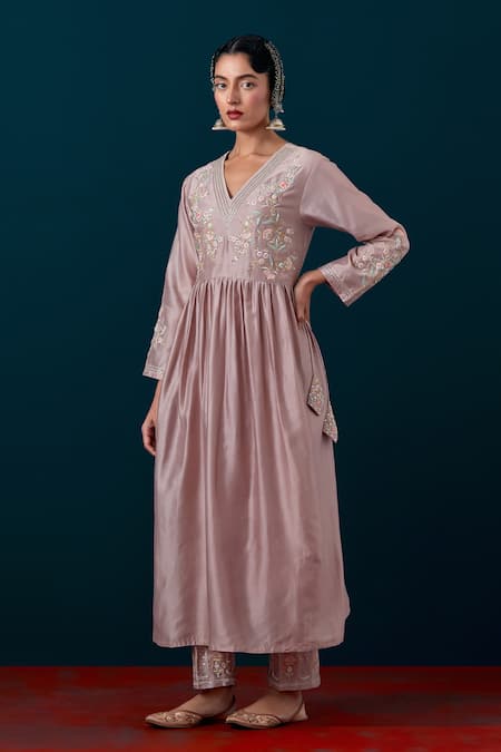 Buy_Anantaa By Roohi_Silk Chanderi Floral Embroidered Anarkali & Pant Set _Online_at_Aza_Fashions