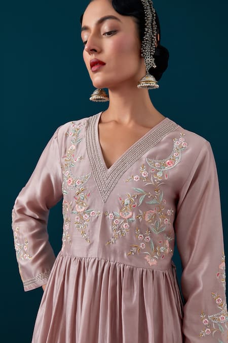 Shop_Anantaa By Roohi_Silk Chanderi Floral Embroidered Anarkali & Pant Set _Online_at_Aza_Fashions