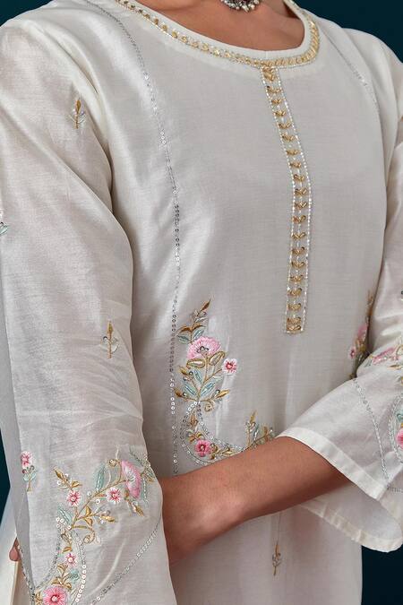 Anantaa By Roohi_Off White Silk, Chanderi Sequins, Embroidery Round Florette Kurta And Pant Set _at_Aza_Fashions