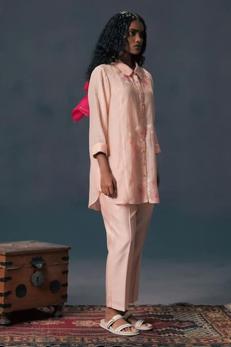 Arcvsh By Pallavi Singh_Pink Chanderi, Silk Embroidery Collared Old Rose Shirt And Pant Set _Online_at_Aza_Fashions