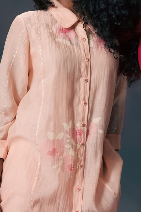 Buy_Arcvsh By Pallavi Singh_Pink Chanderi, Silk Embroidery Collared Old Rose Shirt And Pant Set _Online_at_Aza_Fashions