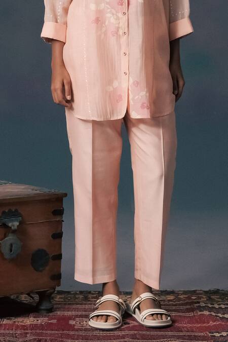 Shop_Arcvsh By Pallavi Singh_Pink Chanderi, Silk Embroidery Collared Old Rose Shirt And Pant Set _Online_at_Aza_Fashions