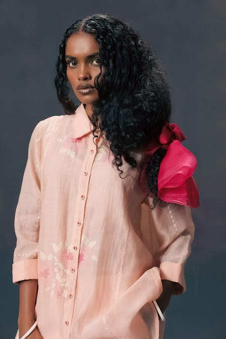 Arcvsh By Pallavi Singh_Pink Chanderi, Silk Embroidery Collared Old Rose Shirt And Pant Set _at_Aza_Fashions