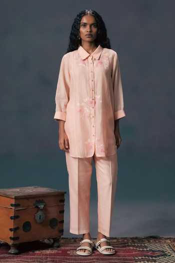 Shop_Arcvsh By Pallavi Singh_Pink Cotton, Silk Embroidery Collared Old Rose Shirt _Online_at_Aza_Fashions