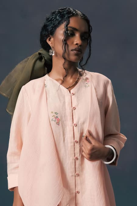 Arcvsh By Pallavi Singh Pink Chanderi, Linen Embroidery V-neck Old Rose Double Layer Shirt Online at Aza Fashions Arcvsh By Pallavi Singh_Pink Chanderi, Linen Embroidery V-neck Old Rose Double Layer Shirt _Online_at_Aza_Fashions