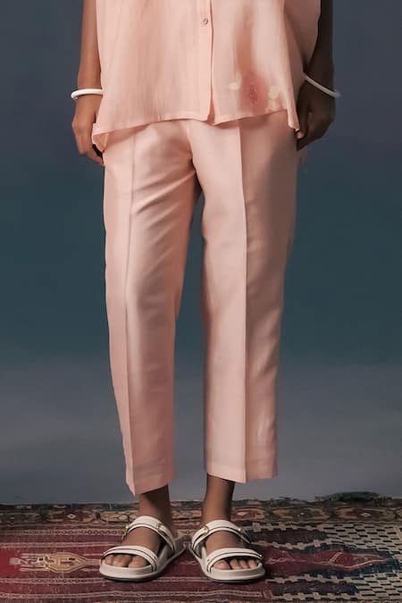 Shop_Arcvsh By Pallavi Singh_Pink Chanderi, Silk Embroidery Collared Old Rose Shirt And Pant Set _Online_at_Aza_Fashions