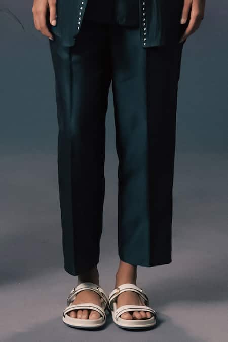 Arcvsh By Pallavi Singh_Green Chanderi, Silk Embroidery Collared Double Layer Shirt And Pant Set _Online_at_Aza_Fashions