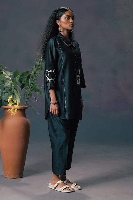 Shop Arcvsh By Pallavi Singh Green Silk, Chanderi Embroidery Collared Shirt Online at Aza Fashions Shop_Arcvsh By Pallavi Singh_Green Silk, Chanderi Embroidery Collared Shirt _Online_at_Aza_Fashions
