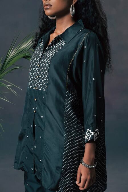 Shop_Arcvsh By Pallavi Singh_Green Silk Embroidery Collared Mulberry Shirt _Online_at_Aza_Fashions