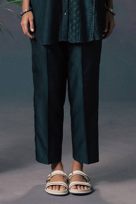 Arcvsh By Pallavi Singh_Green Silk, Chanderi Embroidery Collared Lace Shirt And Pant Set _Online_at_Aza_Fashions