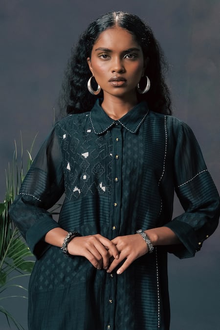 Shop_Arcvsh By Pallavi Singh_Green Silk, Chanderi Embroidery Collared Lace Shirt And Pant Set _Online_at_Aza_Fashions