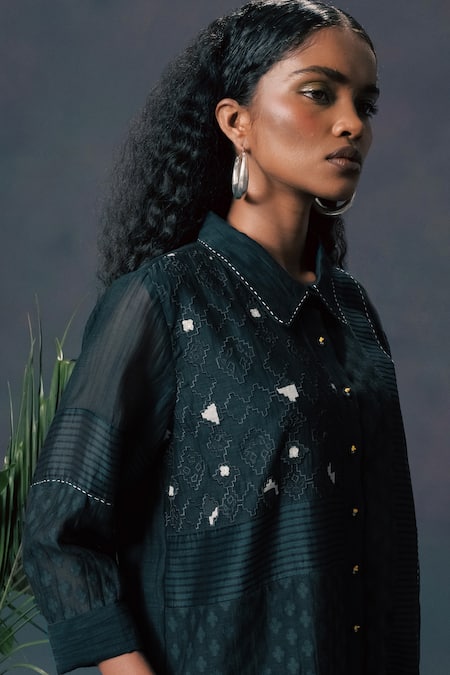 Shop_Arcvsh By Pallavi Singh_Green Chanderi Embroidery Collared Lace Shirt _Online_at_Aza_Fashions