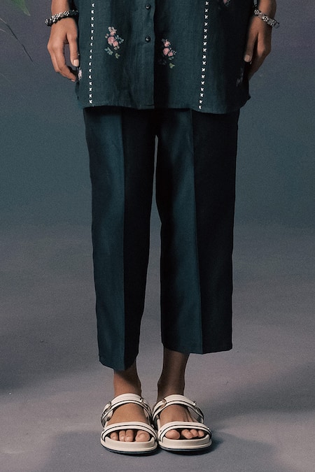 Arcvsh By Pallavi Singh_Green Linen, Silk, Chanderi Embroidery Collared Rose Print Shirt And Pant Set _Online_at_Aza_Fashions