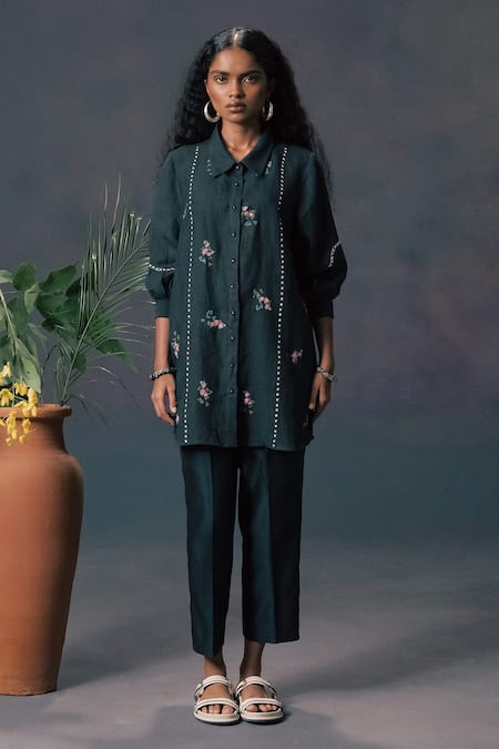 Arcvsh By Pallavi Singh Green Rose Print Shirt & Pant Set 