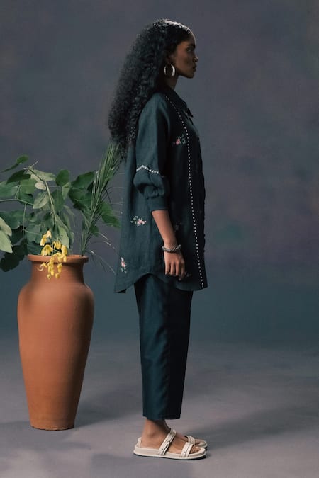 Shop_Arcvsh By Pallavi Singh_Green Linen, Silk, Chanderi Embroidery Collared Rose Print Shirt And Pant Set _Online_at_Aza_Fashions