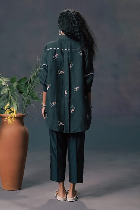 Arcvsh By Pallavi Singh Green Rose Print Shirt & Pant Set 