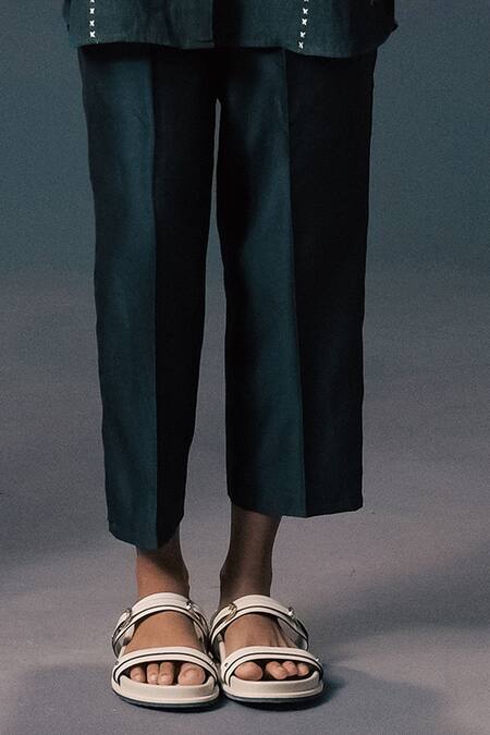 Arcvsh By Pallavi Singh_Green Linen, Silk, Chanderi Embroidery Collared Rose Print Shirt _Online_at_Aza_Fashions