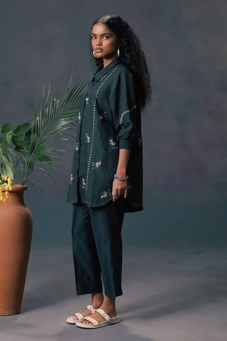 Buy_Arcvsh By Pallavi Singh_Green Linen, Silk, Chanderi Embroidery Collared Rose Print Shirt _Online_at_Aza_Fashions