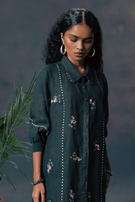Shop_Arcvsh By Pallavi Singh_Green Linen, Silk, Chanderi Embroidery Collared Rose Print Shirt _Online_at_Aza_Fashions