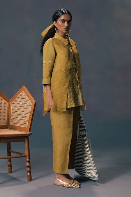 Buy_Arcvsh By Pallavi Singh_Green Linen Embroidery Collared Moss Double Layer Shirt And Pant Set _Online_at_Aza_Fashions