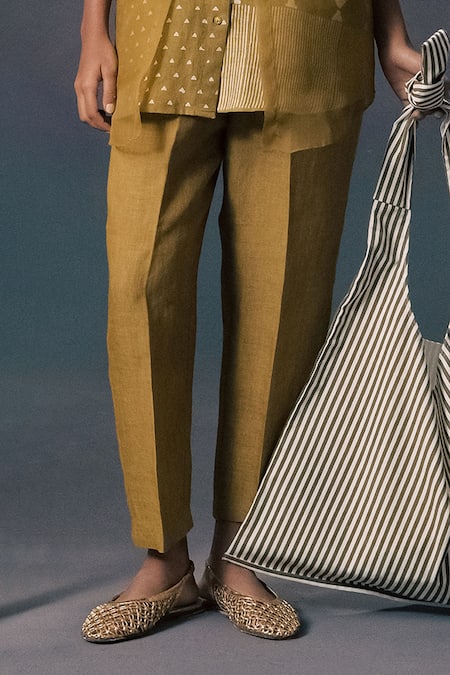 Buy_Arcvsh By Pallavi Singh_Green Linen, Organza Embroidery Collared Moss Discharge Print Shirt _Online_at_Aza_Fashions