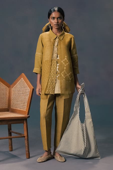 Shop_Arcvsh By Pallavi Singh_Green Linen, Organza Embroidery Collared Moss Discharge Print Shirt _Online_at_Aza_Fashions