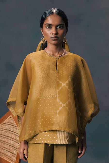 Shop_Arcvsh By Pallavi Singh_Green Linen, Organza Round Neck Moss Double Layer Kaftan Set _Online_at_Aza_Fashions