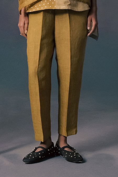 Arcvsh By Pallavi Singh_Olive Green Linen, Organza Embroidery Round Neck Moss Double Layer Kaftan Shirt _Online_at_Aza_Fashions