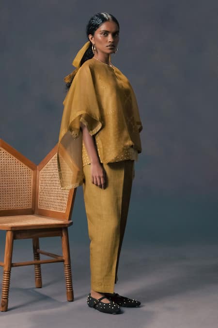 Buy_Arcvsh By Pallavi Singh_Olive Green Linen, Organza Embroidery Round Neck Moss Double Layer Kaftan Shirt _Online_at_Aza_Fashions