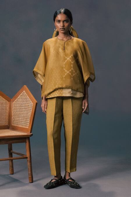 Shop_Arcvsh By Pallavi Singh_Olive Green Linen, Organza Embroidery Round Neck Moss Double Layer Kaftan Shirt _Online_at_Aza_Fashions