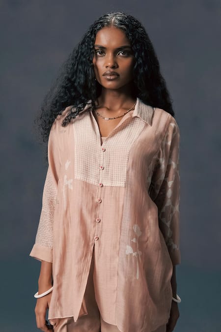 Buy_Arcvsh By Pallavi Singh_Beige Chanderi, Silk Embroidery Collared Mocha Mousse Discharge Print Shirt Set _Online_at_Aza_Fashions