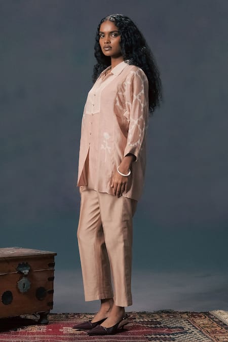 Shop_Arcvsh By Pallavi Singh_Beige Chanderi, Silk Embroidery Collared Mocha Mousse Discharge Print Shirt Set _Online_at_Aza_Fashions