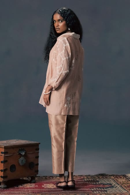 Arcvsh By Pallavi Singh_Beige Chanderi, Silk Embroidery Collared Mocha Mousse Discharge Print Shirt Set _at_Aza_Fashions