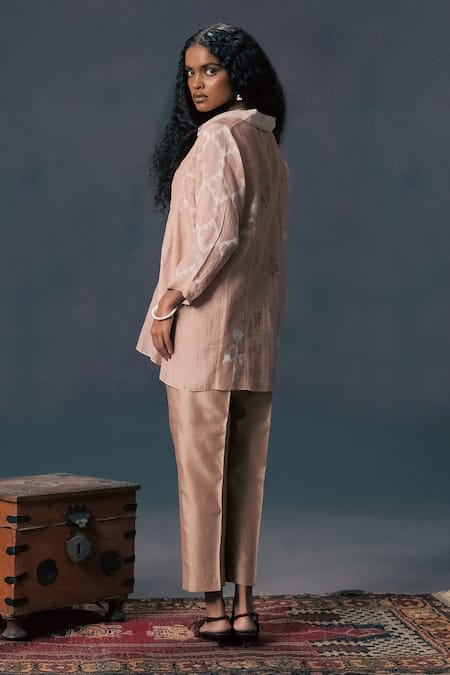 Arcvsh By Pallavi Singh_Beige Chanderi Embroidery Collared Mocha Mousse Discharge Print Shirt  _Online_at_Aza_Fashions