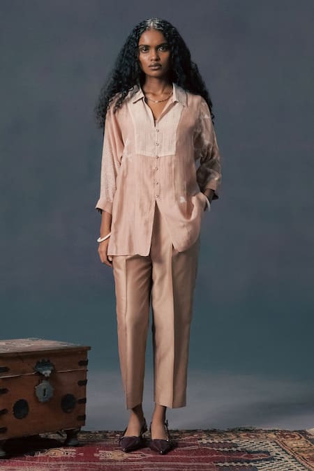 Buy_Arcvsh By Pallavi Singh_Beige Chanderi Embroidery Collared Mocha Mousse Discharge Print Shirt  _Online_at_Aza_Fashions